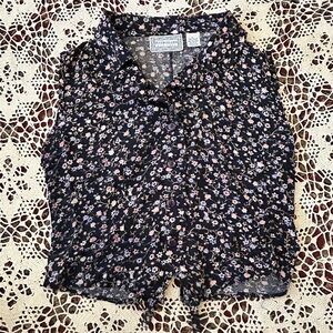 Vintage 90’s Black Floral Button-Up Blouse with Tie Back